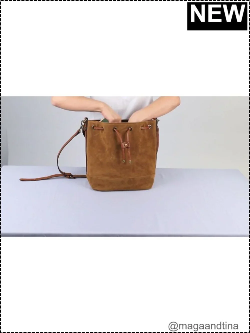 Vegan Suede Leather Bucket Bag for Women Slouchy Shoulder Purse with 2 Straps